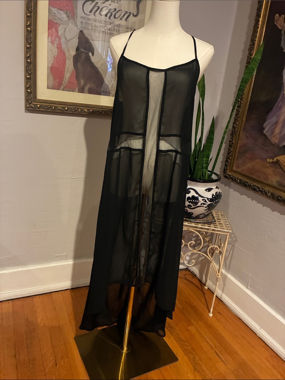 Doe $ Rae Sheer Black Asymmetrical Slip Dress - L